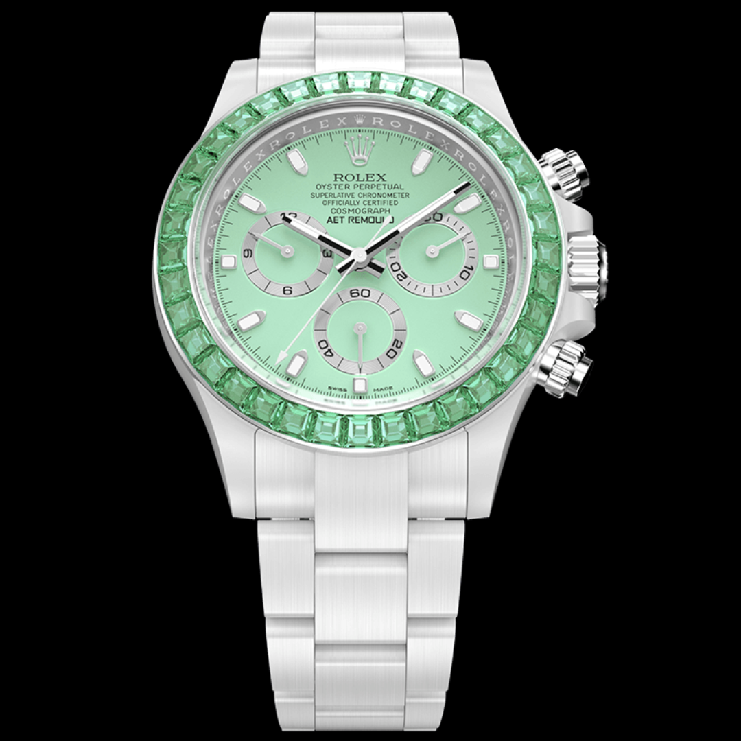 AET Remould Rolex Daytona GREEN GEMSTONE CERAMIC 勞力士地通拿 鑽石錶圈 | WORLDTIMER