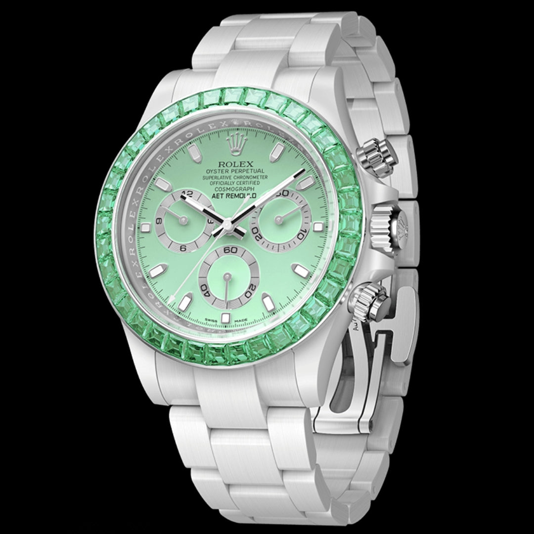 AET Remould Rolex Daytona GREEN GEMSTONE CERAMIC 勞力士地通拿 鑽石錶圈 | WORLDTIMER