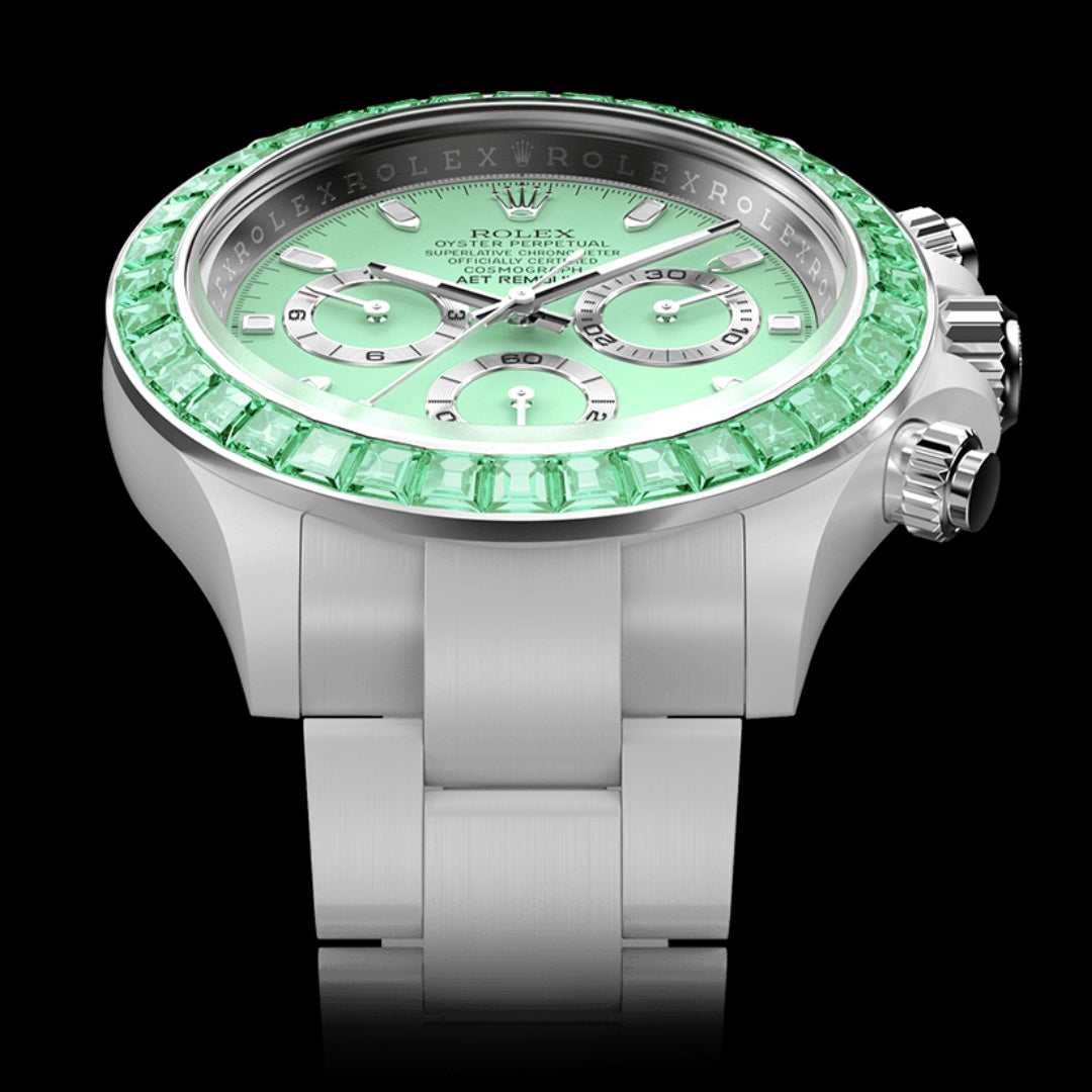AET Remould Rolex Daytona GREEN GEMSTONE CERAMIC 勞力士地通拿 鑽石錶圈 | WORLDTIMER