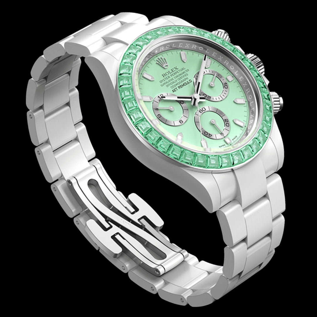 AET Remould Rolex Daytona GREEN GEMSTONE CERAMIC 勞力士地通拿 鑽石錶圈 | WORLDTIMER