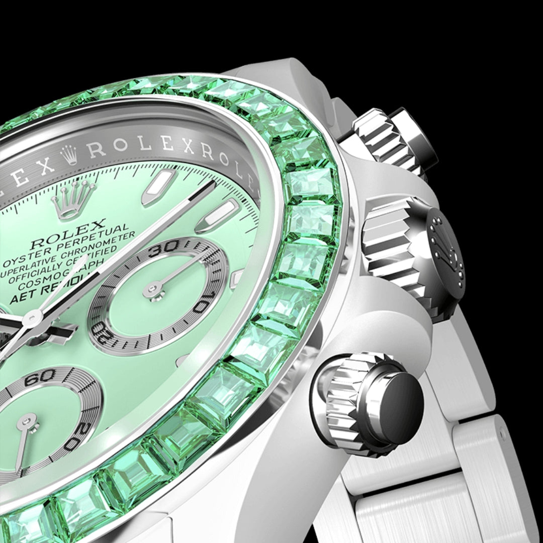 AET Remould Rolex Daytona GREEN GEMSTONE CERAMIC 勞力士地通拿 鑽石錶圈 | WORLDTIMER