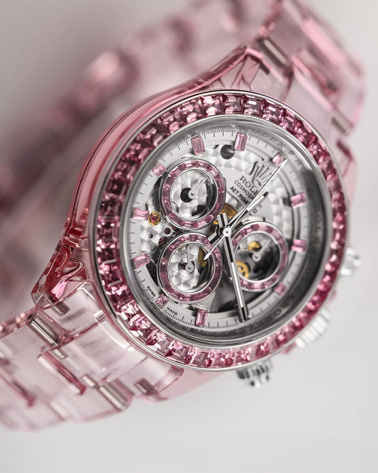 Full Sapphire Rolex Daytona AET REMOULD ROSE FANTASY 全透明 水晶劳力士 蓝宝石迪通拿 腕表 | WORLDTIMER
