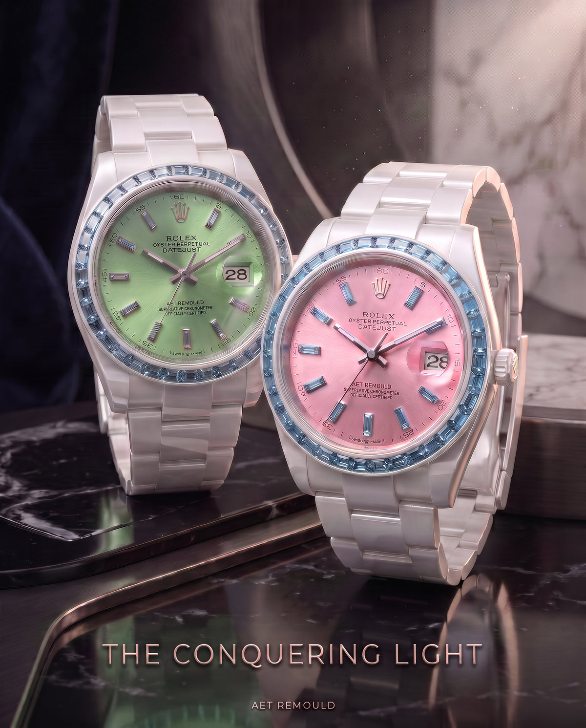 AET REMOULD Rolex Ceramic Datejust AQUAMARINE ROSE Gemstone Watch 首枚镶嵌36颗天然宝石的陶瓷 劳力士日志型 | WORLDTIMER