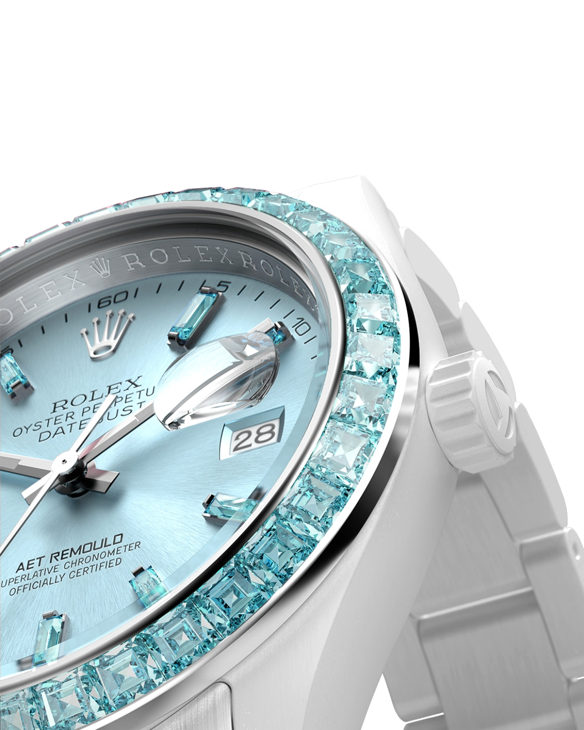 AET REMOULD EPOCH AQUAMARINE - First Ceramic Datejust with 36 Natural Gemstones 36颗宝石白陶瓷 劳力士日志型 AQUAMARINE | WORLDTIMER