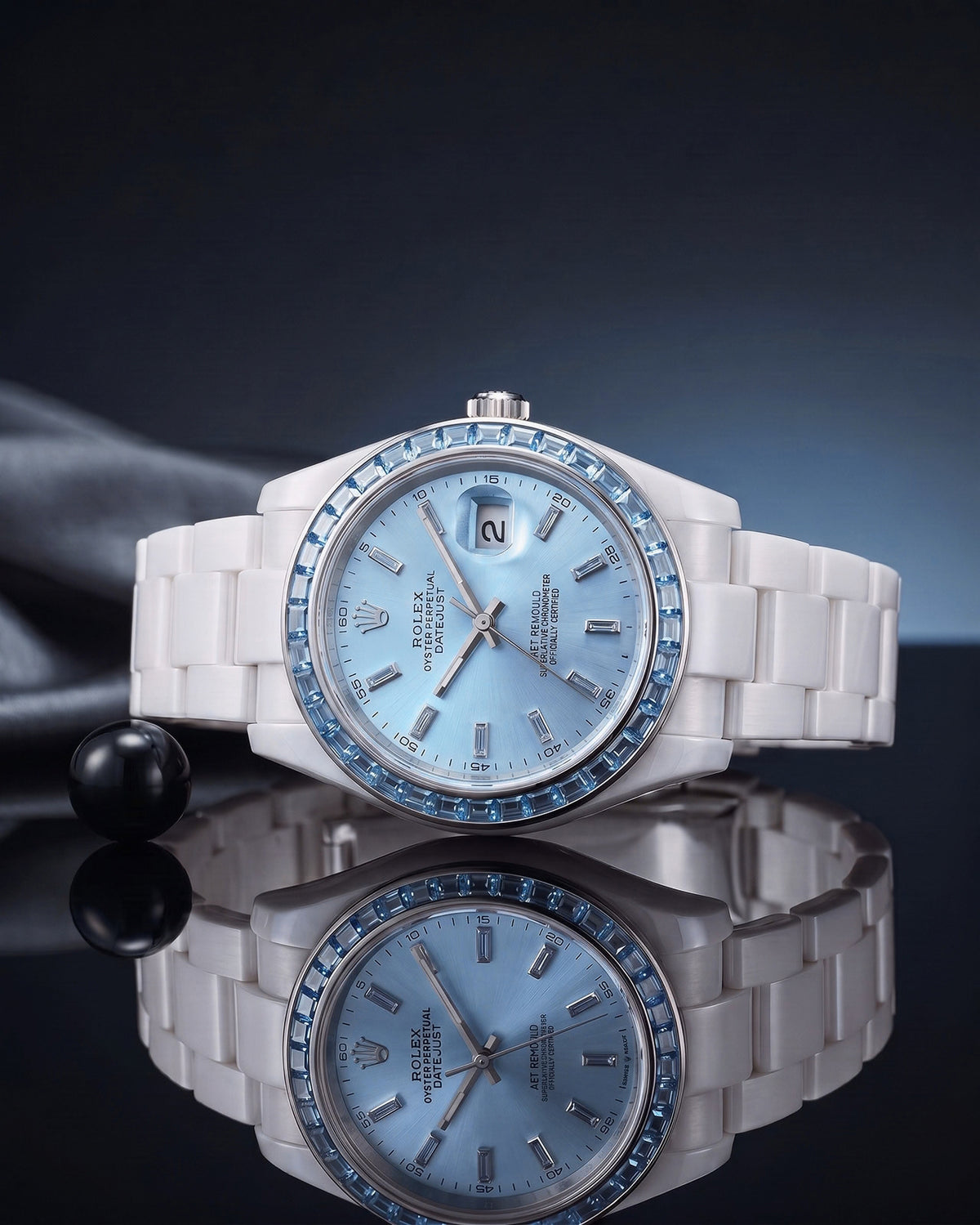 AET REMOULD EPOCH AQUAMARINE FROST BLUE - First Ceramic Datejust with 36 Natural Gemstones 36颗宝石白陶瓷 劳力士日志型 | WORLDTIMER