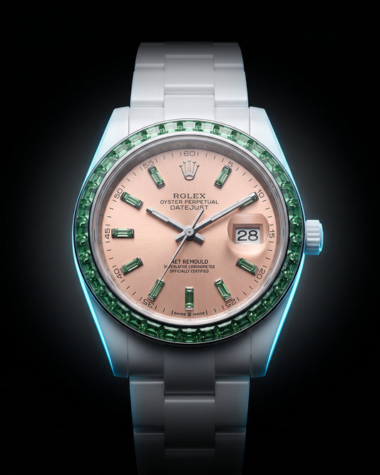 AET REMOULD TSAVORITE APRICOT Gemstone Rolex Datejust 首枚镶嵌36颗天然宝石的白陶瓷 劳力士日志型 | WORLDTIMER