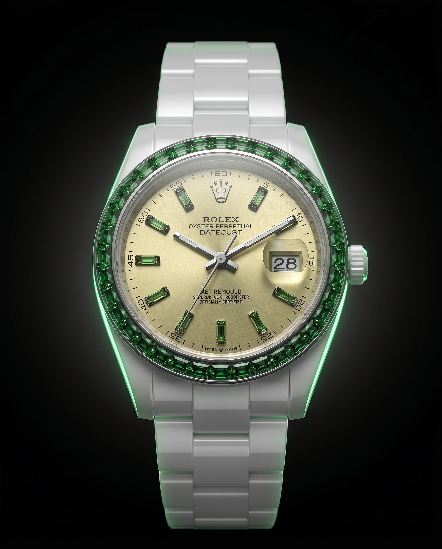 36 Gems on a Ceramic Datejust | AET REMOULD EPOCH TSAVORITE LEMON YELLOW Rolex Datejust 36颗宝石白陶瓷 劳力士日志型 | WORLDTIMER