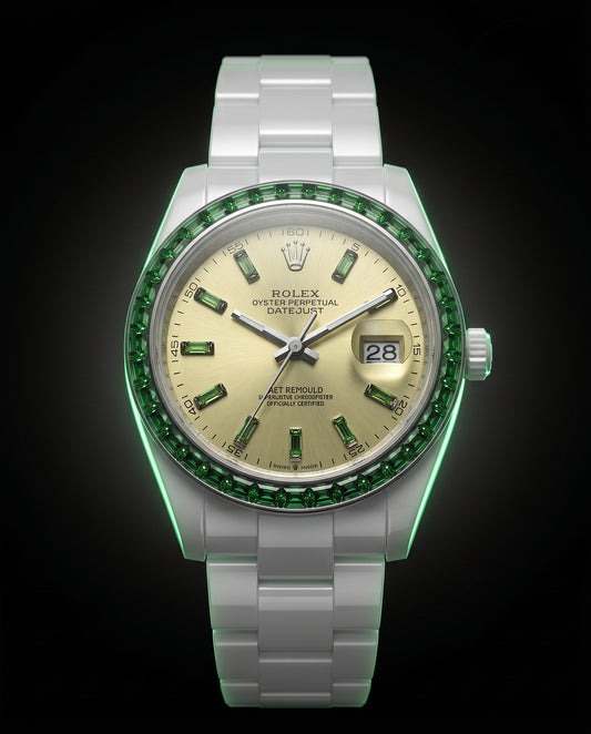 36 Gems on a Ceramic Datejust | AET REMOULD EPOCH TSAVORITE LEMON YELLOW Rolex Datejust 36颗宝石白陶瓷 劳力士日志型 | WORLDTIMER