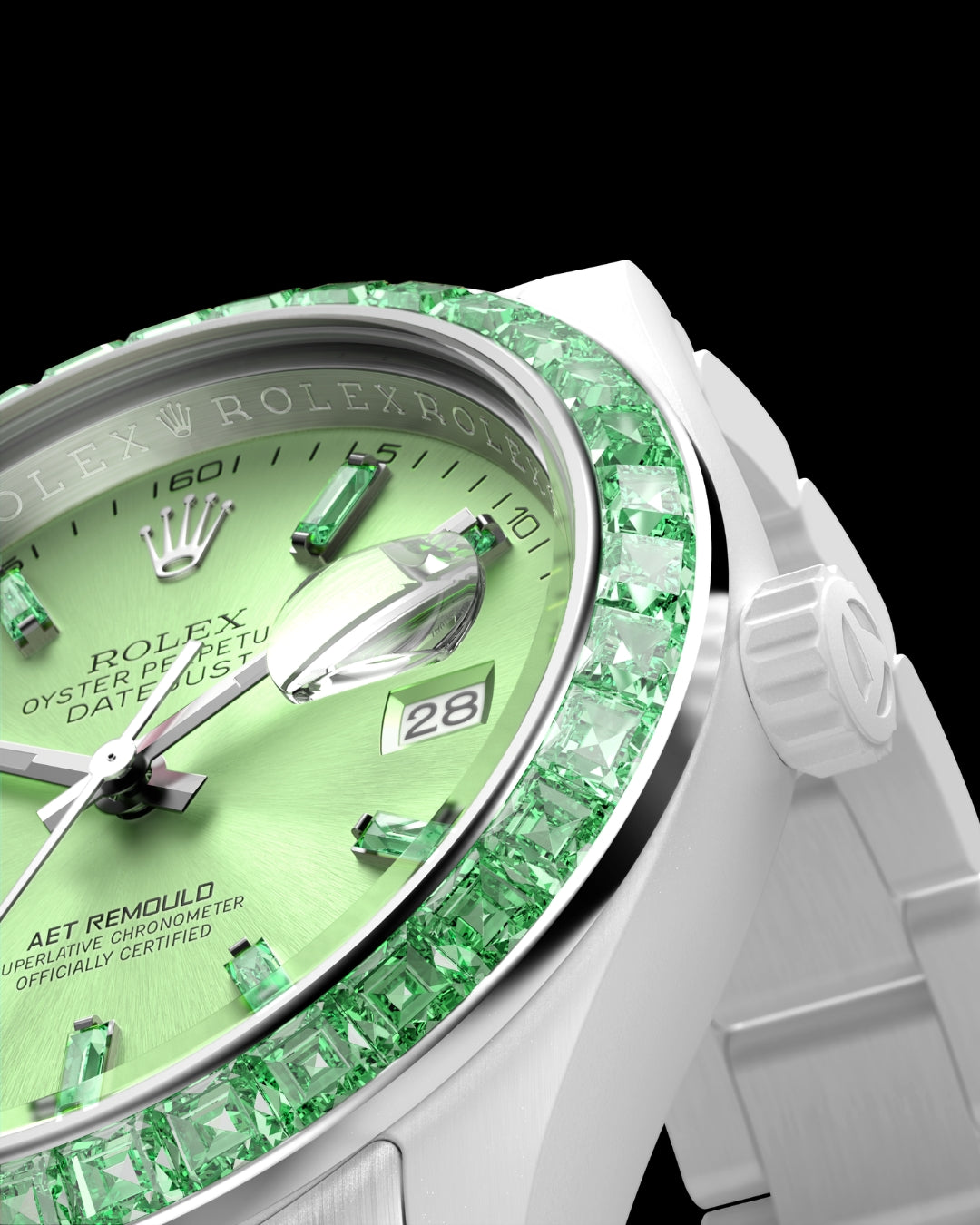 AET REMOULD TSAVORITE MISTY GREEN Rolex Datejust Gemstone Watch 首枚镶嵌天然宝石的白陶瓷 劳力士日志 EPOCH 系列 | WORLDTIMER