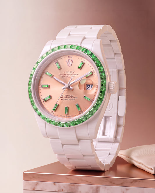 AET REMOULD TSAVORITE APRICOT Gemstone Rolex Datejust 首枚镶嵌36颗天然宝石的白陶瓷 劳力士日志型 | WORLDTIMER