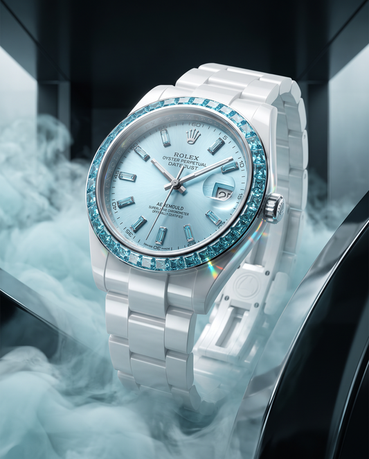 AET REMOULD EPOCH AQUAMARINE - First Ceramic Datejust with 36 Natural Gemstones 36颗宝石白陶瓷 劳力士日志型 AQUAMARINE | WORLDTIMER