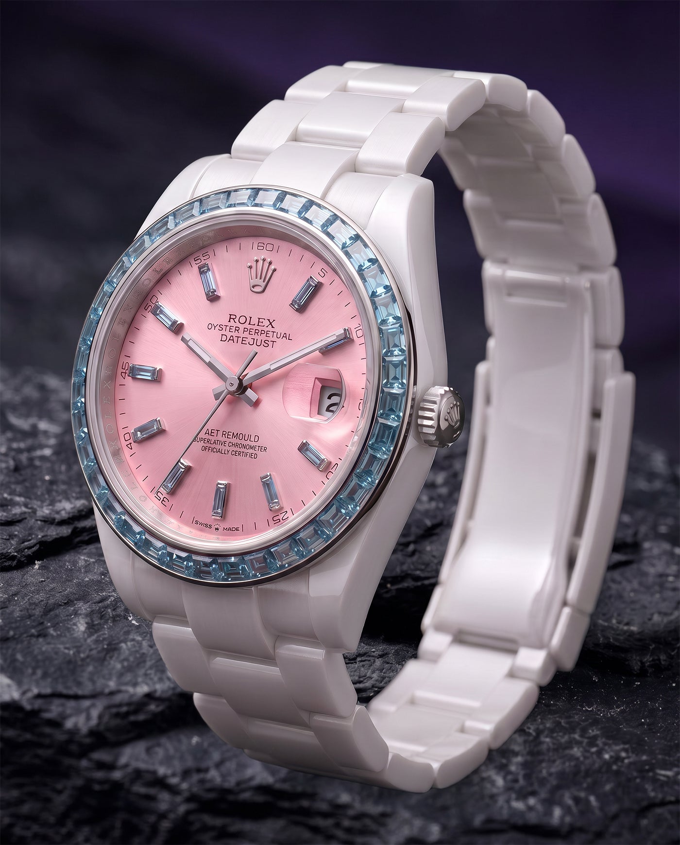 AET REMOULD AQUAMARINE ROSE Gemstone Ceramic Rolex Datejust 首枚镶嵌36颗天然宝石的陶瓷 劳力士日志型 | WORLDTIMER