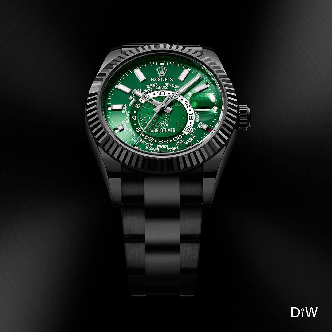 "BLACK DLC GREEN" DiW Rolex Sky Dweller 326934 | WORLDTIMER 
