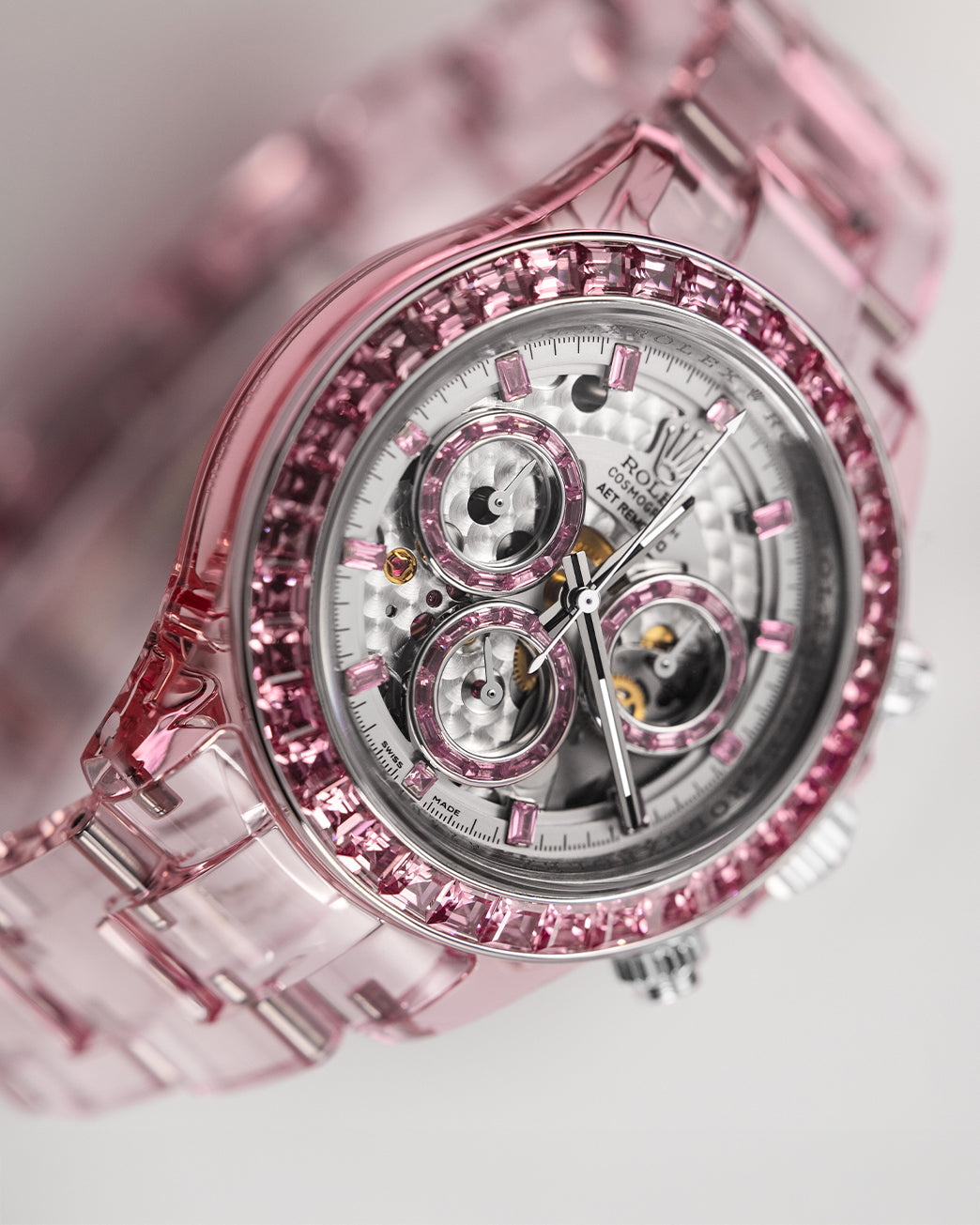 Full Sapphire Rolex Daytona AET REMOULD ROSE FANTASY 全透明 水晶劳力士 蓝宝石迪通拿 腕表 | WORLDTIMER