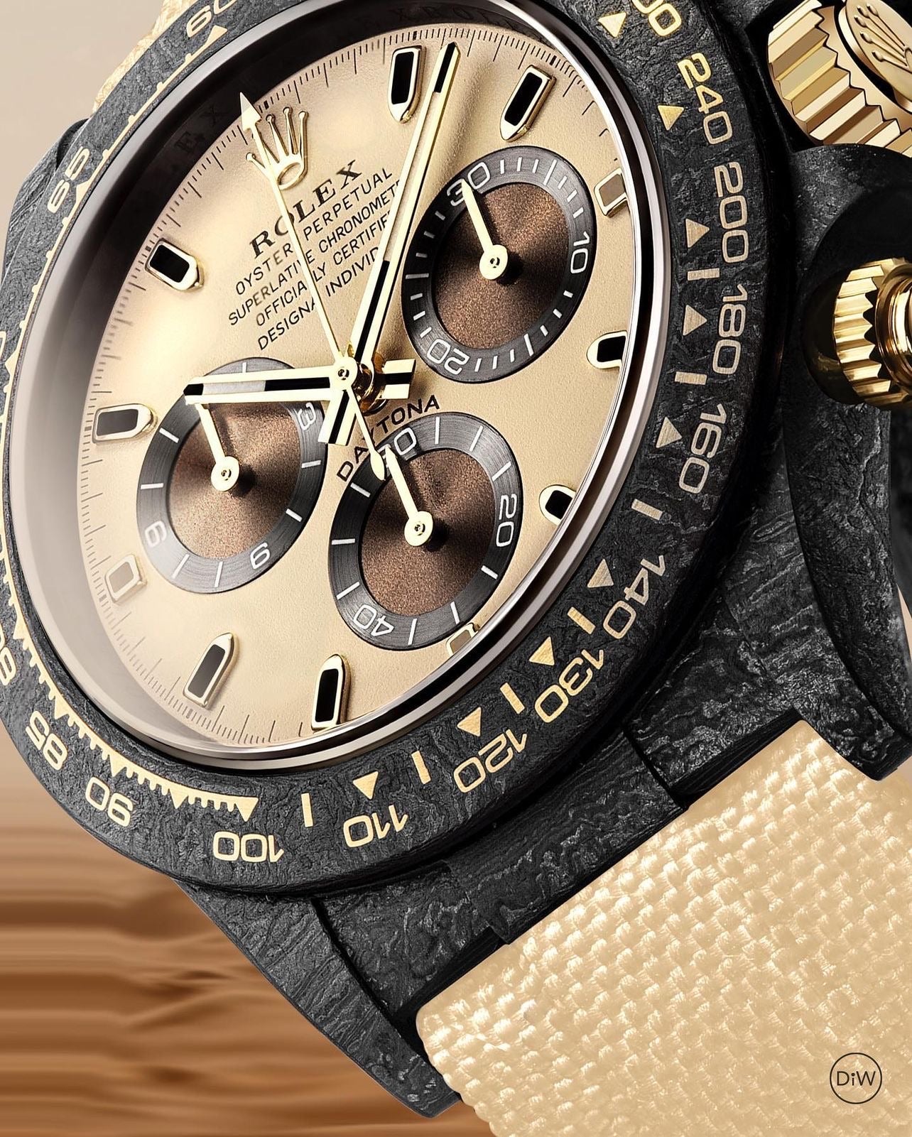 DESERT EAGLE CARBON Rolex Daytona — DiW’s 10‑Piece Ultra‑Exclusive Release DiW 迪沃 Desert Eagle Carbon 碳纤维迪通拿｜轻至不足 50g 的传奇 | WORLDTIMER