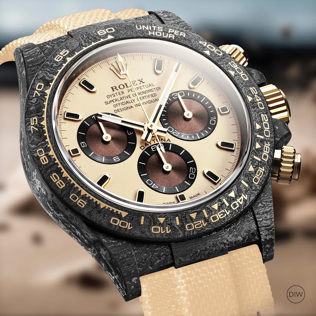 DESERT EAGLE CARBON Rolex Daytona — DiW’s 10‑Piece Ultra‑Exclusive Release DiW 迪沃 Desert Eagle Carbon 碳纤维迪通拿｜轻至不足 50g 的传奇 | WORLDTIMER
