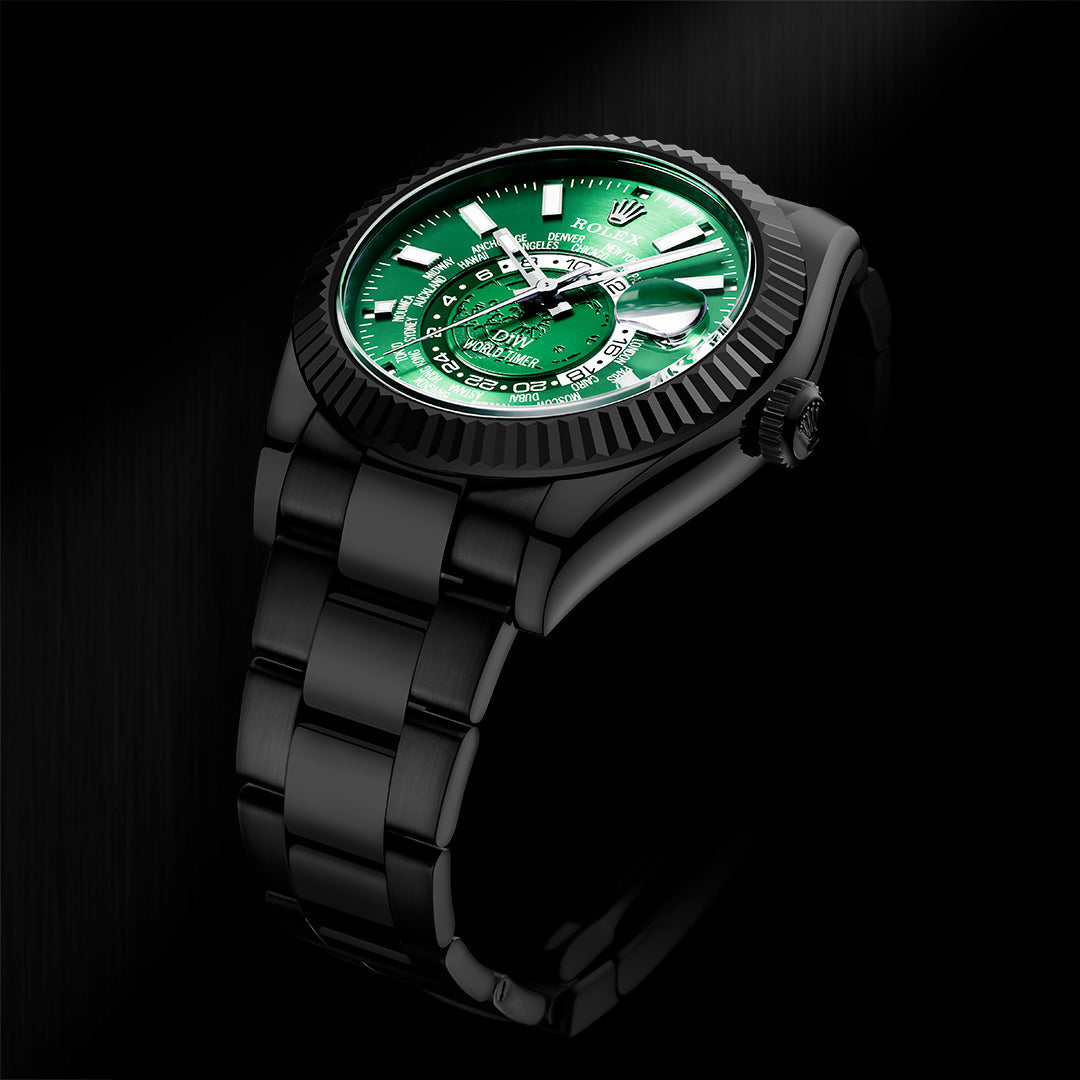 "BLACK DLC GREEN" DiW Rolex Sky Dweller 326934 | WORLDTIMER 