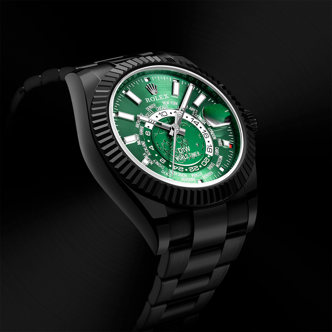 "BLACK DLC GREEN" DiW Rolex Sky Dweller 326934 | WORLDTIMER 