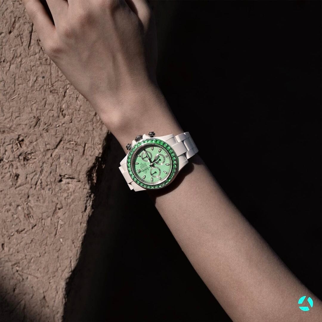 AET Remould Rolex Daytona GREEN GEMSTONE CERAMIC 勞力士地通拿  鑽石錶圈 | WORLDTIMER
