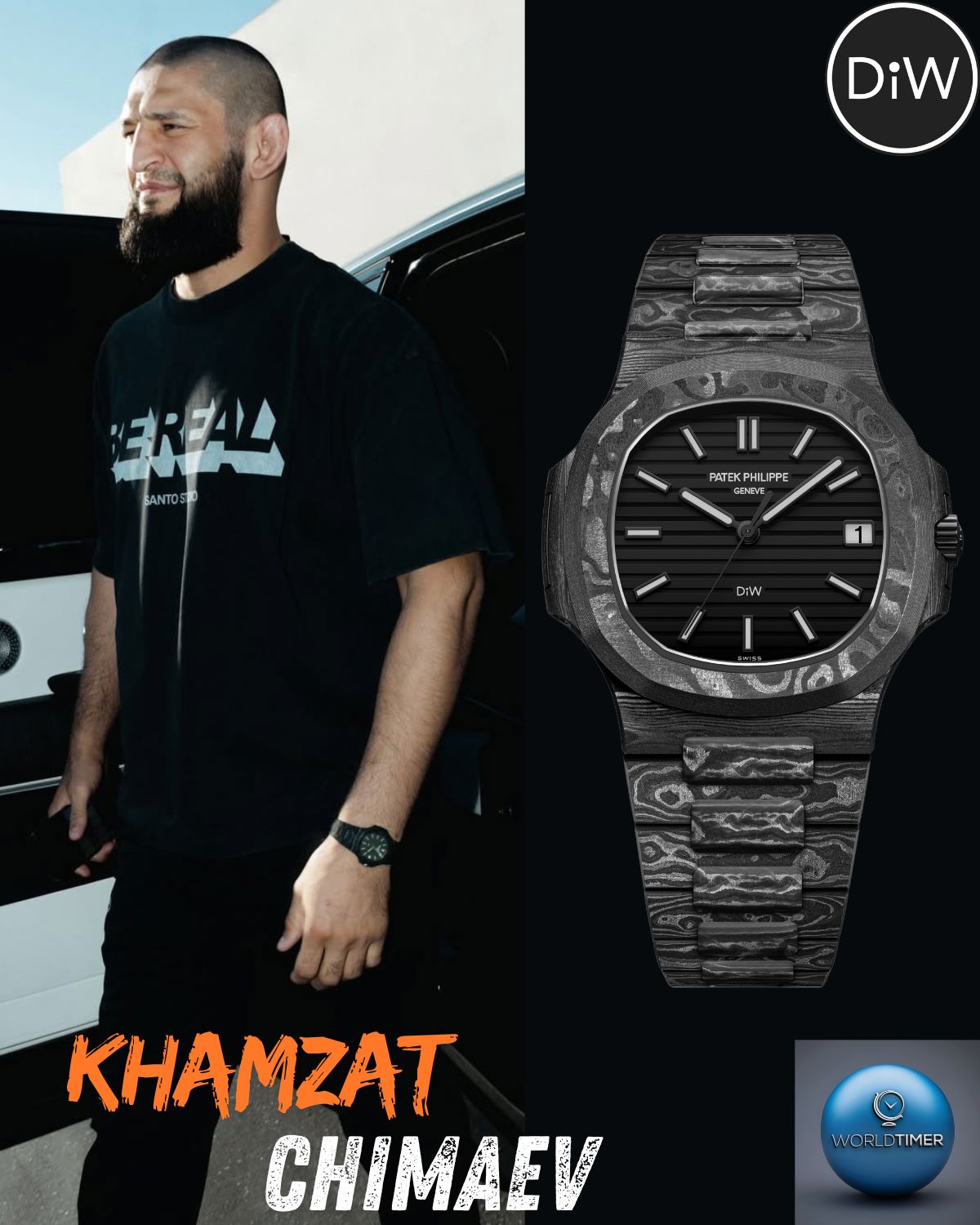 Khamzat Chimaev Patek Philippe Nautilus DiW ALL CARBON BLACK NTPT 碳纤维 百达翡丽鹦鹉螺 | WORLDTIMER