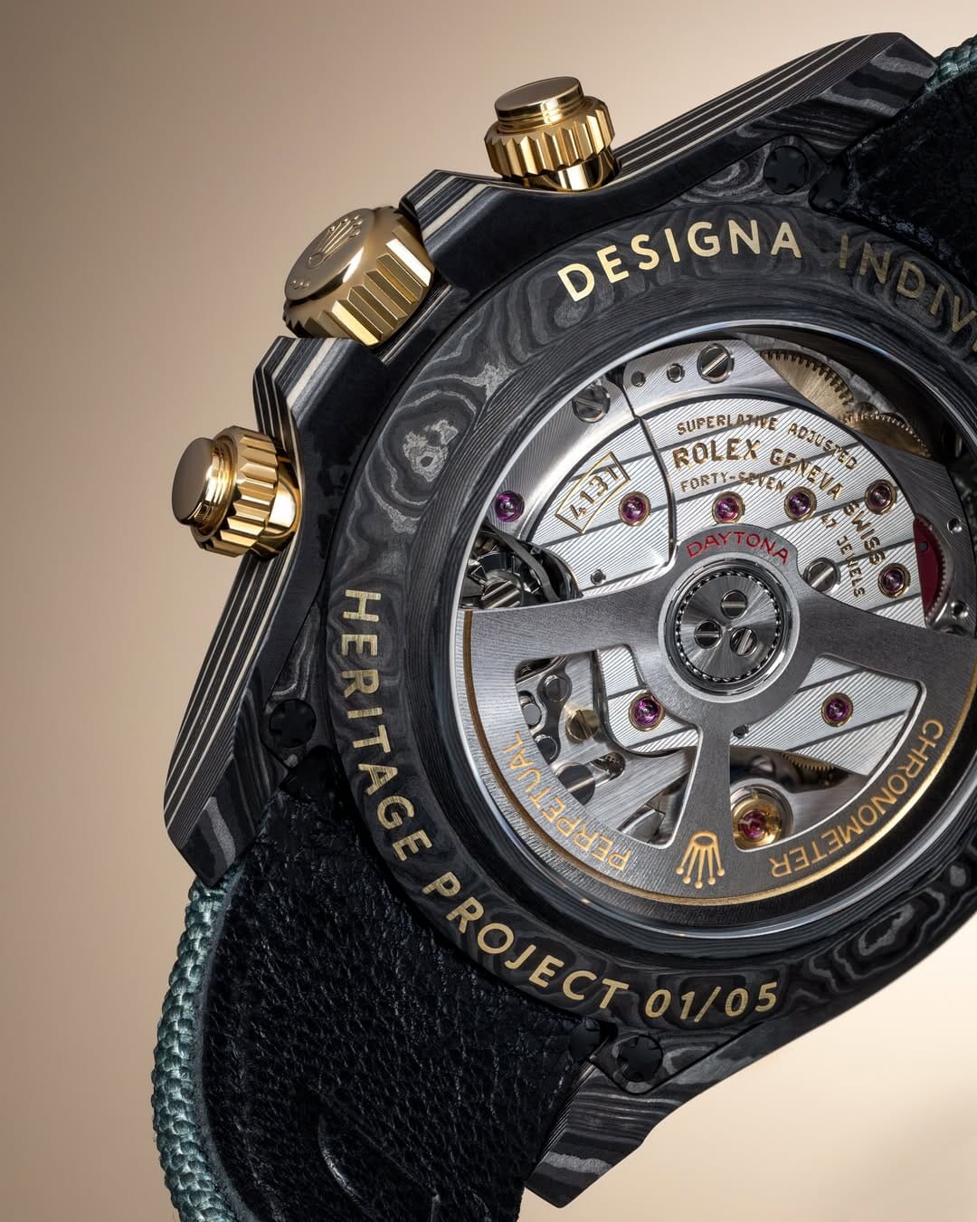 DiW Gold Rolex Daytona HERITAGE — Crafted in NTPT Carbon & CarboQuartz 劳力士DiW 金迪通拿 HERITAGE (4131 机芯｜126503) | WORLDTIMER