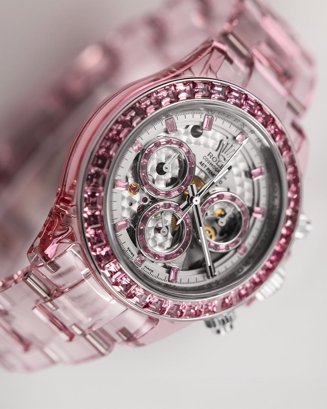Full Sapphire Rolex Daytona AET REMOULD ROSE FANTASY 全透明 水晶劳力士 蓝宝石迪通拿 腕表 | WORLDTIMER