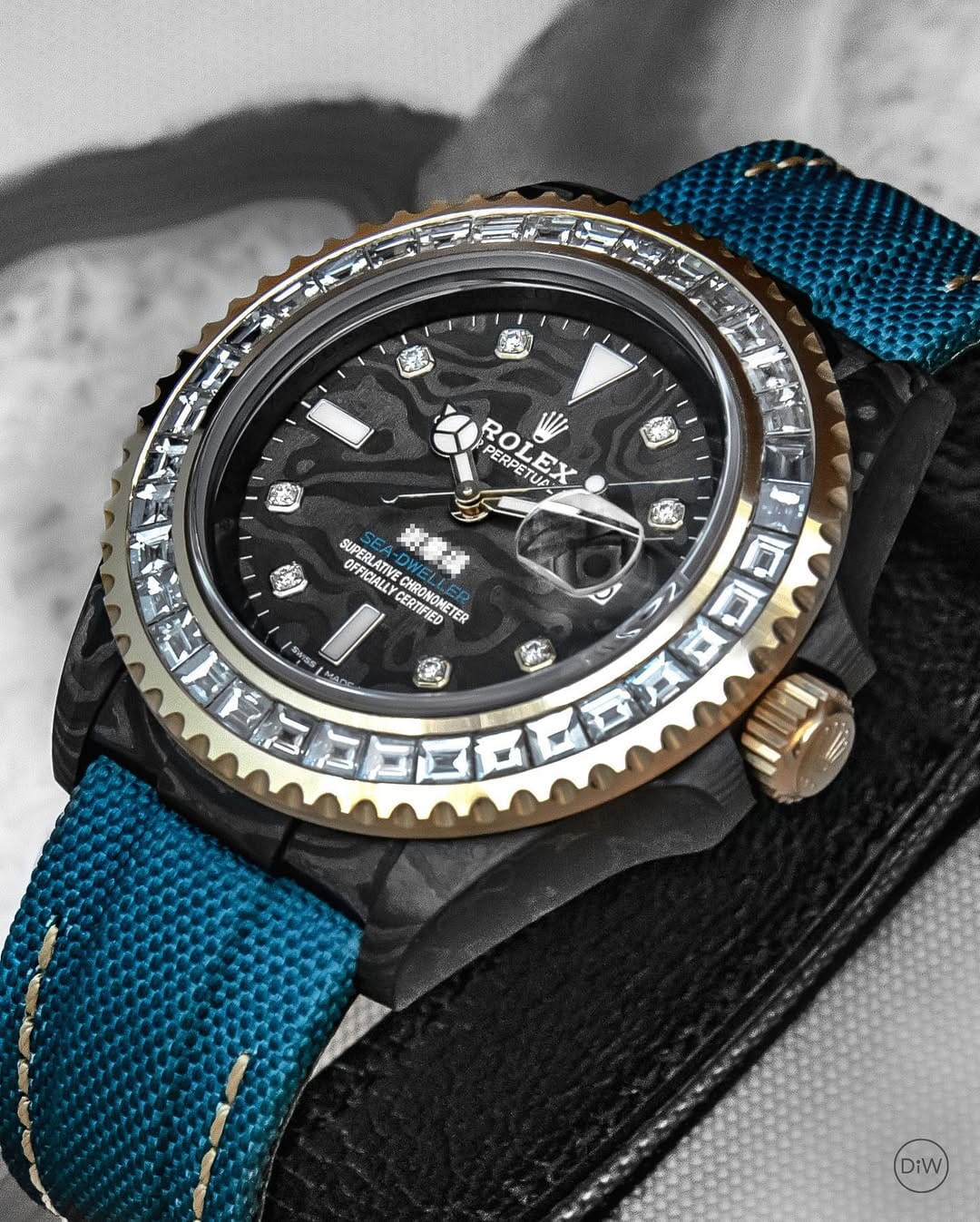 NTPT Carbon Rolex DiW Sea Dweller TURQUISE BAGUETTE Diamond Watch 谢惠福 劳力士海使型 方钻手表 | WORLDTIMER