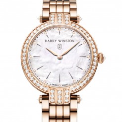 Harry Winston [NEW] Premier 31mm quartz 18K rose gold timepiece on gold bracelet white light mother of pearl indexes set dial PRNQHM31RR003