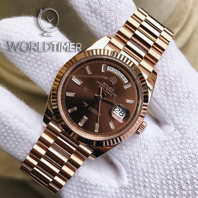 Rolex [NEW] Day-Date Rose Gold 228235A Chocolate Diamond Dial & Fluted Bezel President Bracelet | WORLDTIMER