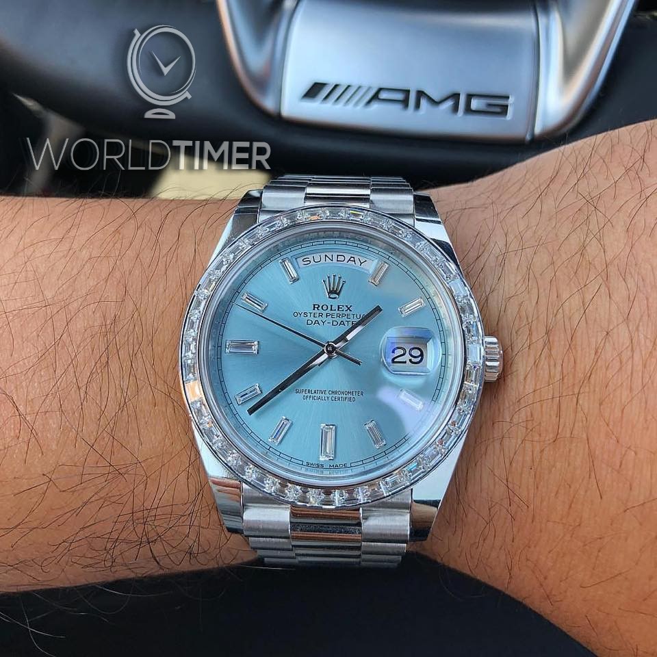 Rolex [NEW] 228396TBR Platinum Day-Date Baguette Diamond 40mm Ice Blue Diamond Dial Watch | WORLDTIMER