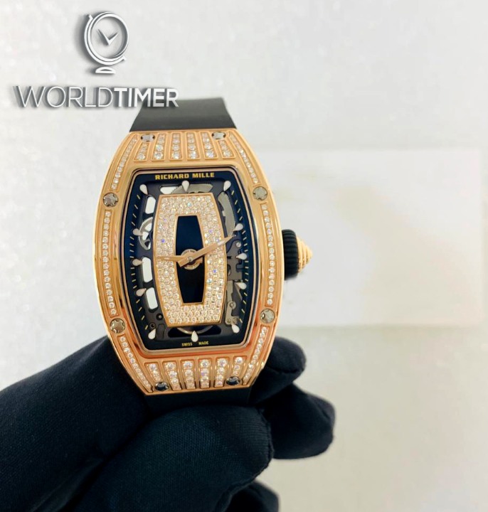 Richard Mille [NEW] RM 07-01 Rose Gold Med Set Diamonds Onyx Dial | WORLDTIMER