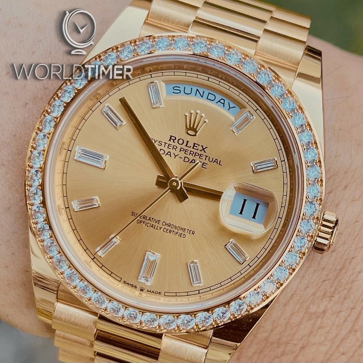 Rolex 勞力士 [NEW] Day-Date 40 Champagne 228348RBR Yellow Gold Diamond Index and Bezel | WORLDTIMER