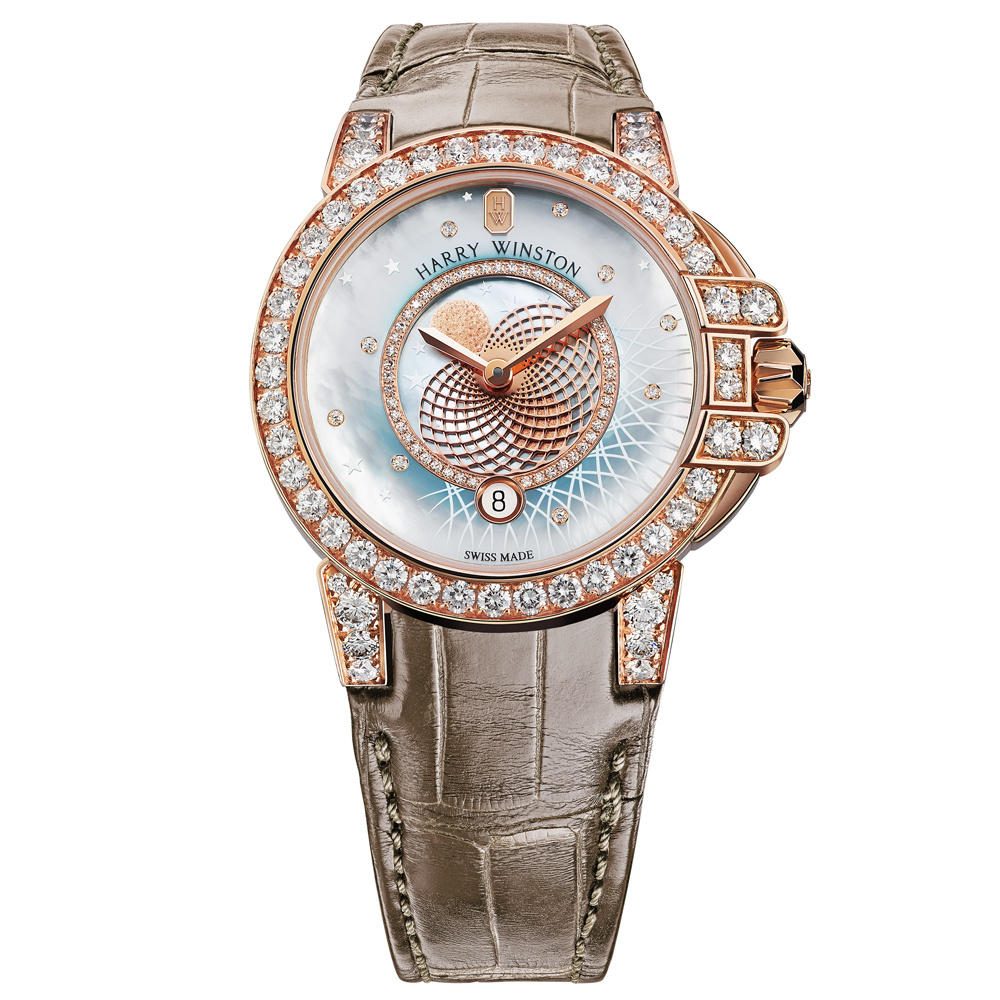 Harry Winston [NEW] Ocean Moon Phase 36mm quartz 18K rose gold timepiece blue mother of pearl partially set OCEQMP36RR029 | WORLDTIMER